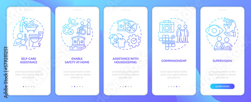 Personal care  assistance services blue gradient onboarding mobile app screen. Walkthrough 5 steps graphic instructions with linear concepts. UI  UX  GUI template. Myriad Pro-Bold  Regular fonts used