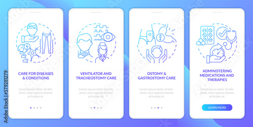 Private duty nursing care blue gradient onboarding mobile app screen. Walkthrough 4 steps graphic instructions with linear concepts. UI, UX, GUI template. Myriad Pro-Bold, Regular fonts used