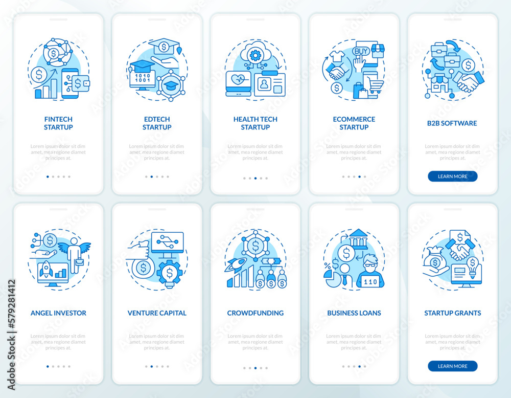 IT startup industries funds blue onboarding mobile app screens set. Walkthrough 5 steps editable graphic instructions with linear concepts. UI, UX, GUI template. Myriad Pro-Bold, Regular fonts used - obrazy, fototapety, plakaty 