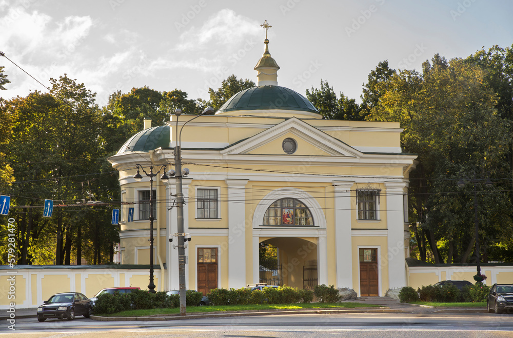 Alexander Nevsky square. Gate church of Icon of Mother of God of All Who Sorrow Joy of Alexander Nevsky lavra in Saint Petersburg. Russia