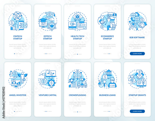 IT startup industries funds blue onboarding mobile app screens set. Walkthrough 5 steps editable graphic instructions with linear concepts. UI, UX, GUI template. Myriad Pro-Bold, Regular fonts used