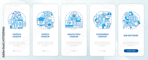 Best startup industries blue onboarding mobile app screen. IT funding walkthrough 5 steps editable graphic instructions with linear concepts. UI, UX, GUI template. Myriad Pro-Bold, Regular fonts used