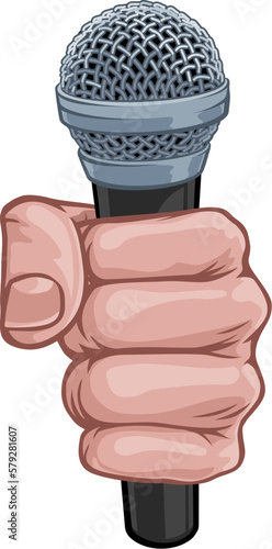 A fist hand holding a microphone in a comic book pop art cartoon illustration style