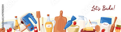 Baking ingredients, kitchen tools, cooking stuff border. Bakery items, bakers banner, culinary web wide background design with flour, sugar, oil, butter, utensils, mixer. Flat vector illustration