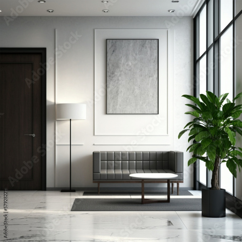 Comfortable office lobby interior with blank white wall.