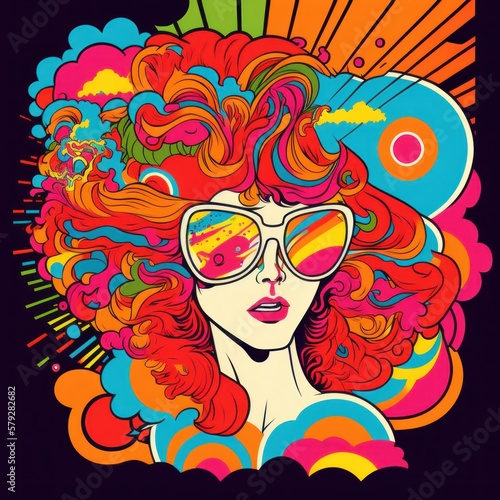 Vibrant color flat illustration  trendy retro hipster psychedelic cartoon style. Generative ai.