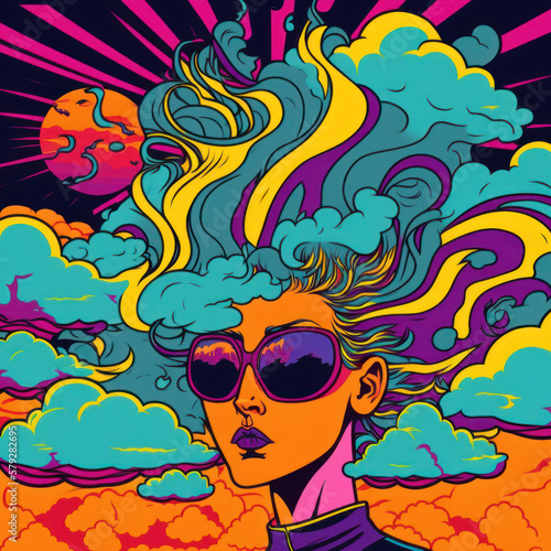 Vibrant color flat illustration trendy retro hipster psychedelic cartoon style. Generative ai.