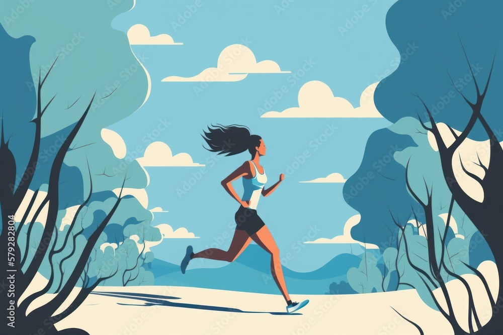 World health day, man and woman run in beautiful park , flat design. Generative ai.