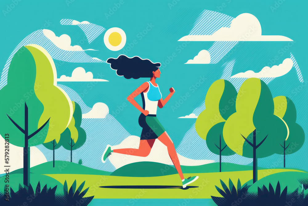 World health day, man and woman run in beautiful park , flat design. Generative ai. World health day, man and woman run in beautiful park , flat design. Generative ai.