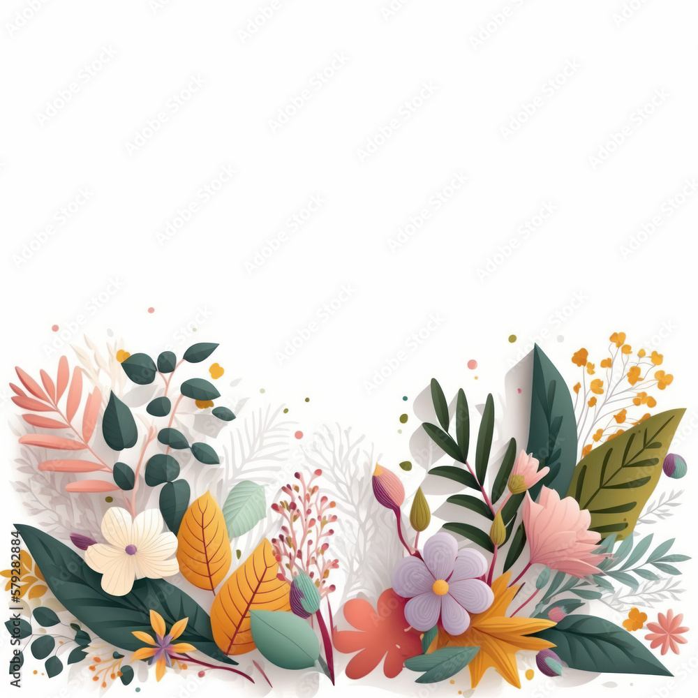Spring botanical flat illustration white background. Banner or floral backdrop decorated multicolored blooming flowers and leaves border. Generative ai. Spring botanical flat illustration white background. Banner or floral backdrop decorated multicolored blooming flowers and leaves border. Generative ai.