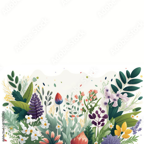 Spring botanical flat illustration white background. Banner or floral backdrop decorated multicolored blooming flowers and leaves border. Generative ai.