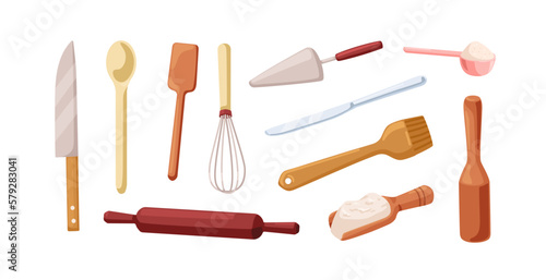 Wooden spatula, whisk, measuring spoon, rolling pin, metal knife, scoop set. Baking tools, kitchen supplies, cooking utensils set. Flat cartoon vector illustrations isolated on white background