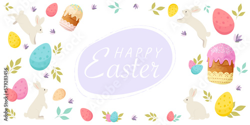 Happy Easter banner with rabbits, eggs, flower and easter cakes. Modern minimalist style.