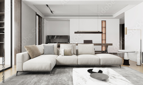 The modern luxury interior of the living room is bright and clean. 3D illustration