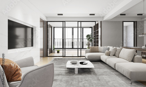 The modern luxury interior of the living room is bright and clean. 3D illustration