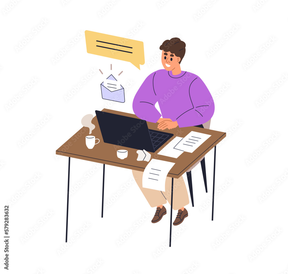 Online business communication concept. Employee works at laptop, desk, workplace. Virtual correspondence, internet chats, messages, video calls. Flat vector illustration isolated on white background Online business communication concept. Employee works at laptop, desk, workplace. Virtual correspondence, internet chats, messages, video calls. Flat vector illustration isolated on white background