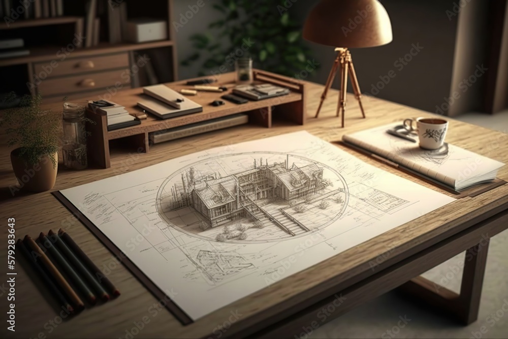 Architectural Drawing, house interior plan, on desk. Generative AI ...