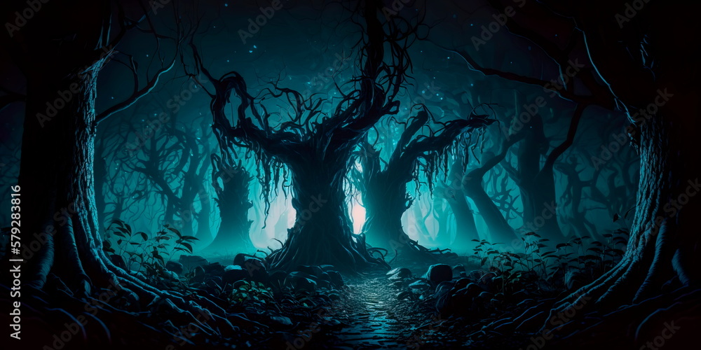 dark, haunted forest filled with malevolent spirits and cursed ...