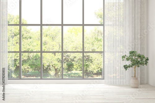 White empty room with summer landscape in window. Scandinavian interior design. 3D illustration