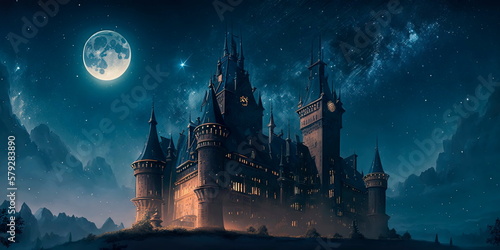 grand castle with spires reaching into the clouds, set against a starry night sky. Generative AI