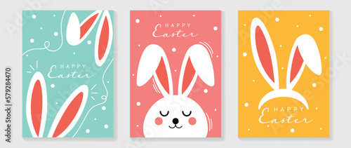 Happy Easter element cover vector set. Cute hand drawn white rabbit decorate with dot texture and line art on colorful background. Collection of adorable doodle design for decorative, card, kids.