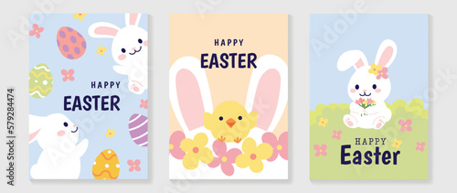 Happy Easter element cover vector set. Cute hand drawn white fluffy rabbit decorate with easter eggs, chicks, flowers, garden, sky. Collection of adorable doodle design for decorative, card, kids.