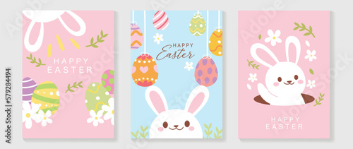 Happy Easter element cover vector set. Hand drawn playful cute white rabbit decorate with easter eggs, spring flowers and leaf branch. Collection of adorable doodle design for decorative, card, kids.