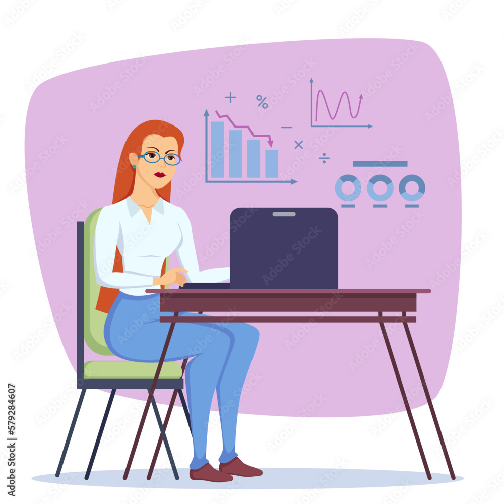 Female finance manager at laptop and statistics charts. Businesswoman sitting at desk, financial crisis or company decline vector illustration. Business, finances, recession, bankruptcy concept Female finance manager at laptop and statistics charts. Businesswoman sitting at desk, financial crisis or company decline vector illustration. Business, finances, recession, bankruptcy concept