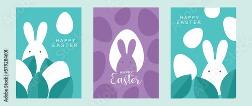 Happy Easter element cover vector set. Hand drawn cute rabbit decorate with easter egg and leaf shapes, silhouette texture background. Collection of adorable doodle design for decorative, card, kids.