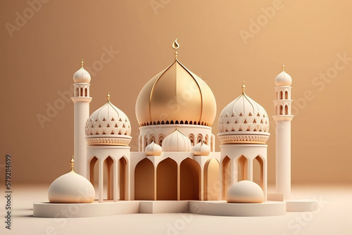 White gold elegant luxury islamic mosque for ramadan mubarak celebration created by Generative AI
