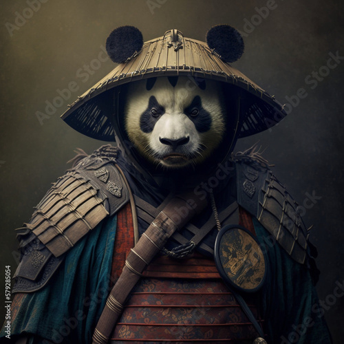 Panda warriors wear armor and straw hats created by Generative AI