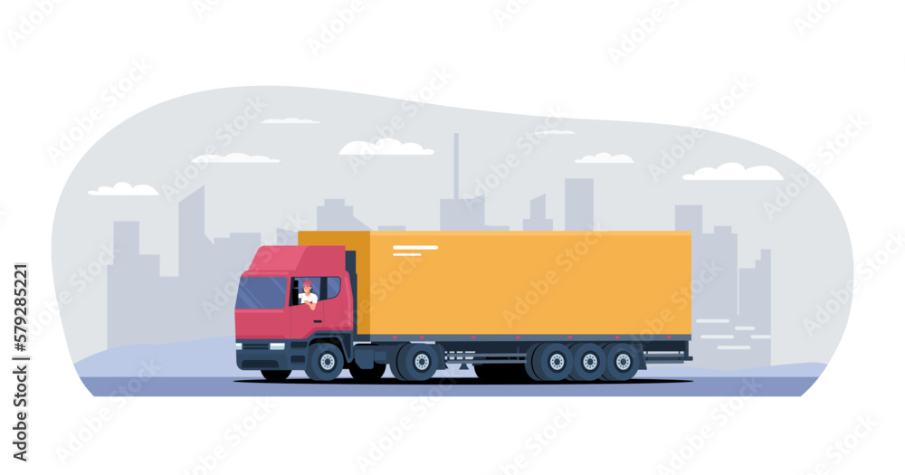 Naklejka premium Big truck with a driver rides on the background of an abstract cityscape. Vector illustration.