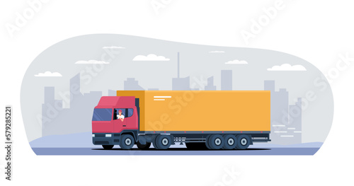 Big truck with a driver rides on the background of an abstract cityscape. Vector illustration.