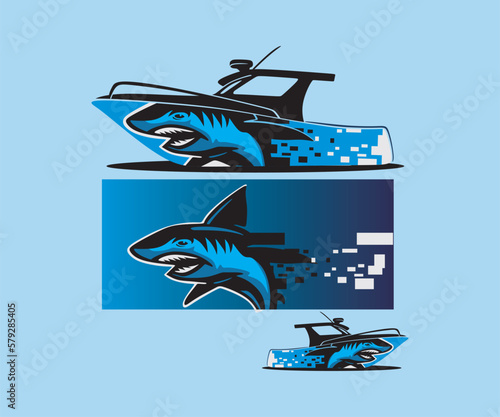 BOAT WRAPPING SHARK LOGO, silhouette of great predator wrap vector illustrations