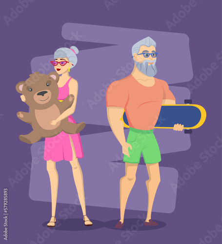 Super Agers enjoying life vector illustration. Healthy and strong senior people holding teddy bear and skateboard, standing on purple background. Super Agers, longevity, life quality concept photo