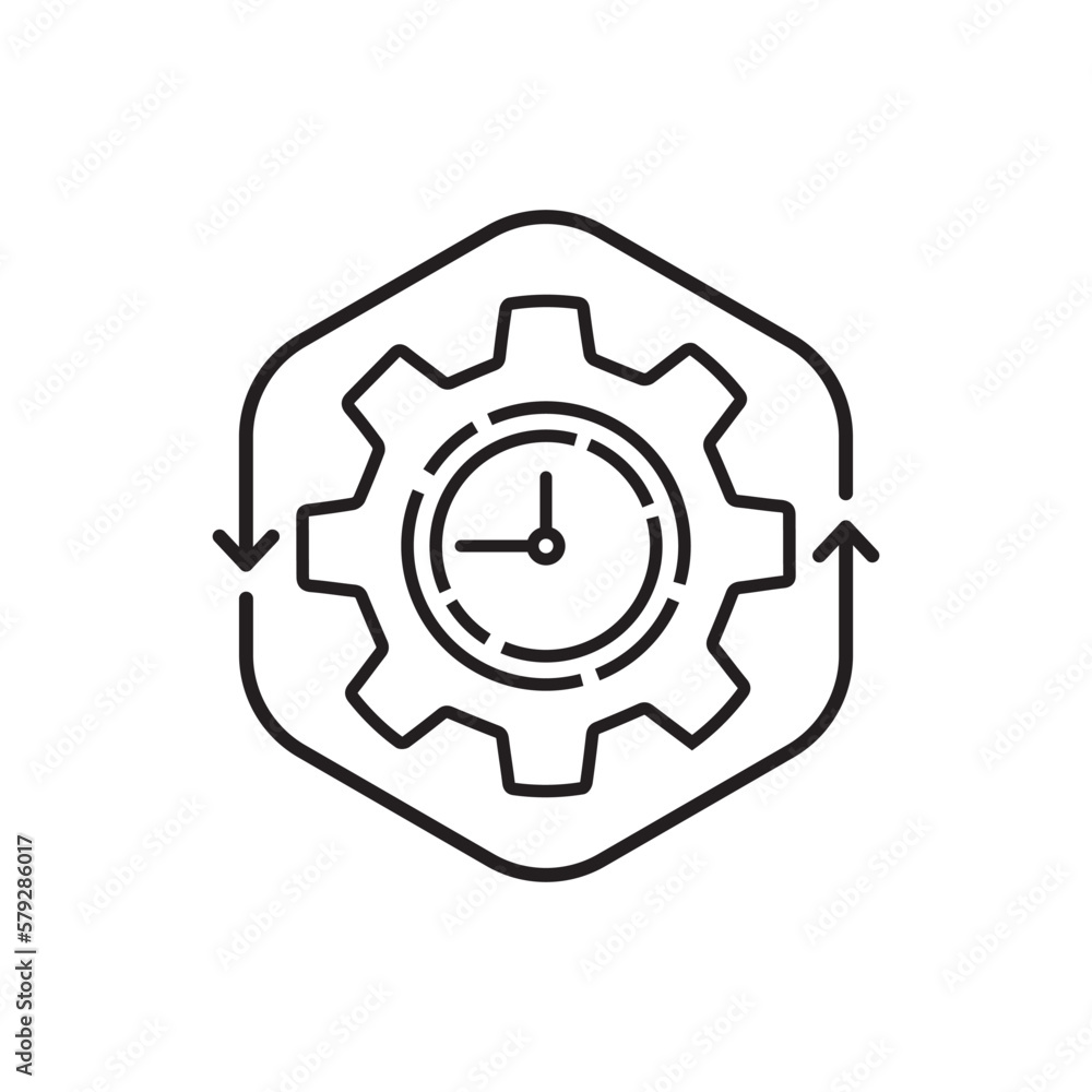 black thin line gear like time management icon. concept of work flow pictogram. flat linear trend modern technical logotype graphic stroke art design infographic element isolated on white background black thin line gear like time management icon. concept of work flow pictogram. flat linear trend modern technical logotype graphic stroke art design infographic element isolated on white background