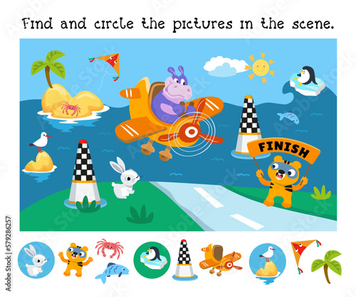 Find and circle objects. Educational puzzle game for children. Cute hippo in plane. Cartoon character. Vector illustration. Transport and air racing. 
