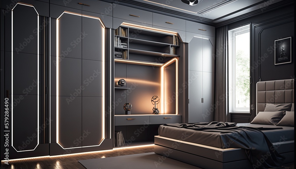Fototapeta premium Fitted modern wardrobe around bed to have a place to store the fancy clothes, interior