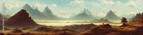 Fantasy landscape painting of ominous mountains, rivers. Dark, dangerous atmosphere. Generative AI © 4K_Heaven