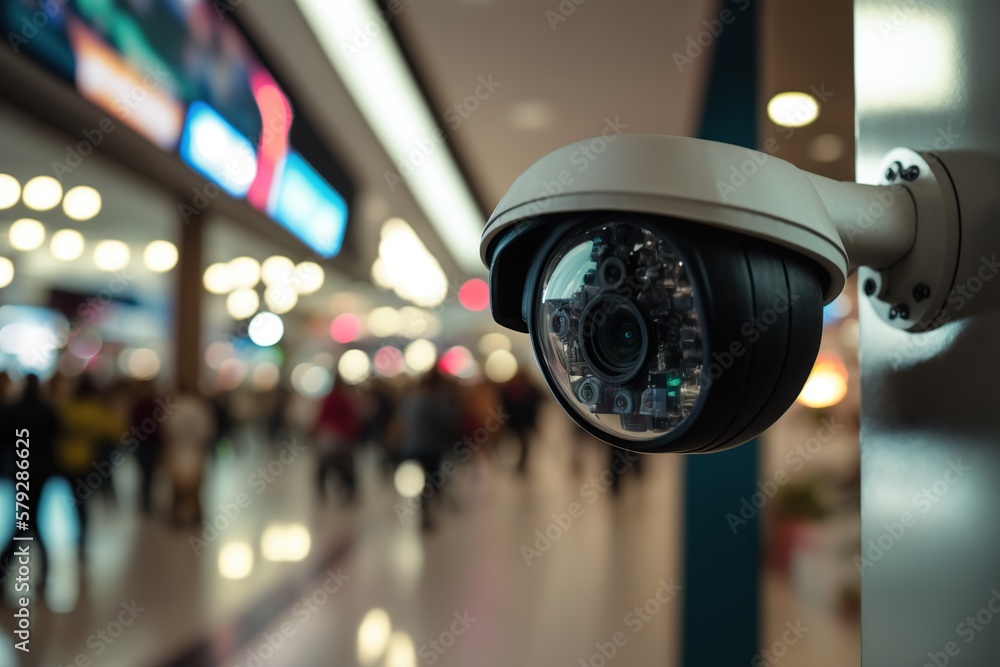 Camera surveilling a busy shopping center. Generative AI illustration. Camera surveilling a busy shopping center. Generative AI illustration.