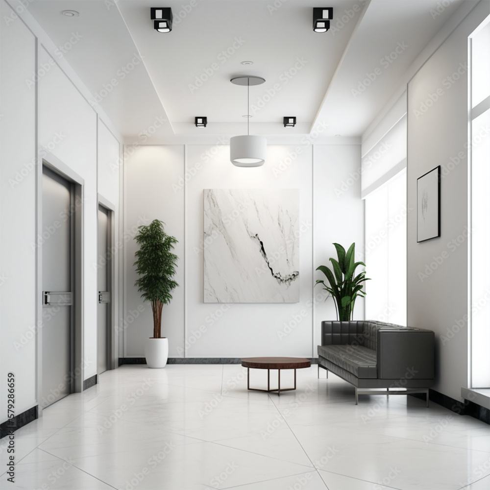 Fototapeta premium Comfortable office lobby interior with blank white wall.