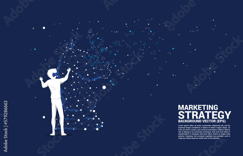 Silhouette man wear VR glasses with chess polygon. Concept of digital virtual reality technology and AR .
