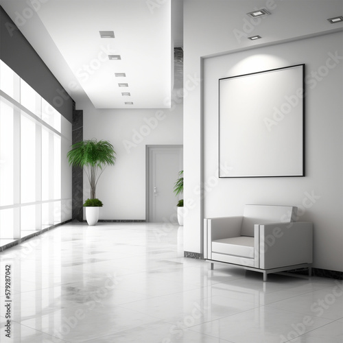 Comfortable office lobby interior with blank white wall. © Miracle