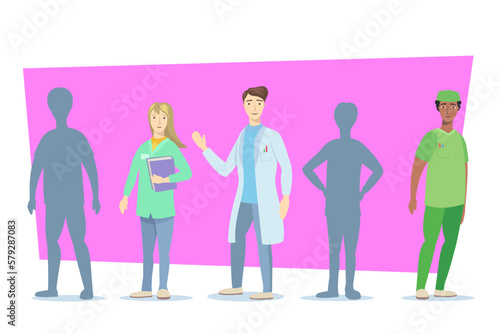 Happy healthcare workers vector illustration. Three doctors and nurses standing with empty silhouettes between them. Health workforce shortage  recruiting problem  medical profession concept
