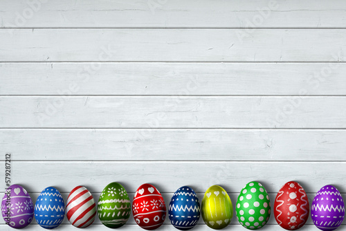 Canvas Print Beautiful colorful easter eggs on old white rustic wooden table