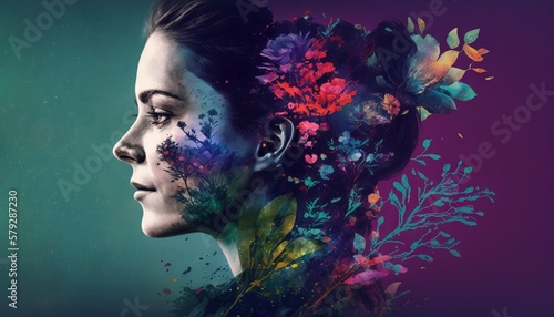 Double exposure woman profile and flowers mental health women's day illustration. Women's history month banner generative ai 
