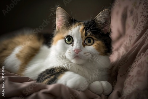 Cat with green eyes, very young and pretty, lying on the bed. Kitten in bedroom is a cute calico. Animal companion and her double. Generative AI