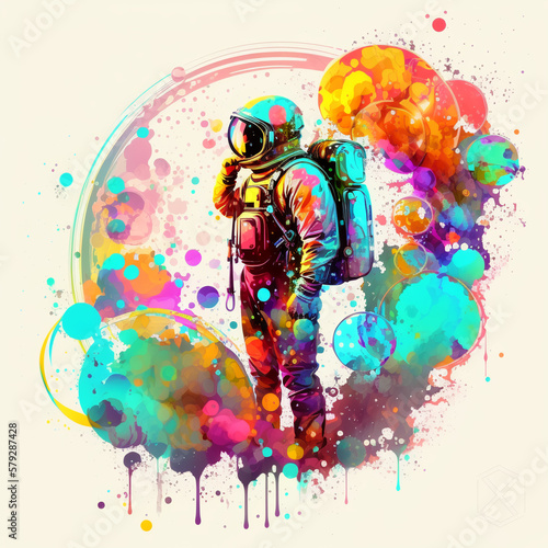 An astronaut in a beautiful colorful bubbles galaxy on another planet. Generative AI. © keks20034