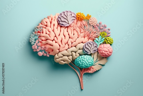 Flower model of human brain anatomy on pastel background. Generative AI illustration.