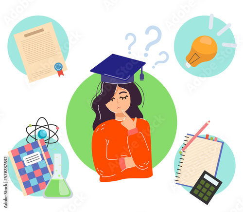 Female graduate choosing career path vector illustration. Diploma, notes, chemistry equipment on white background. Reducing importance of education, immediate college enrollment concept